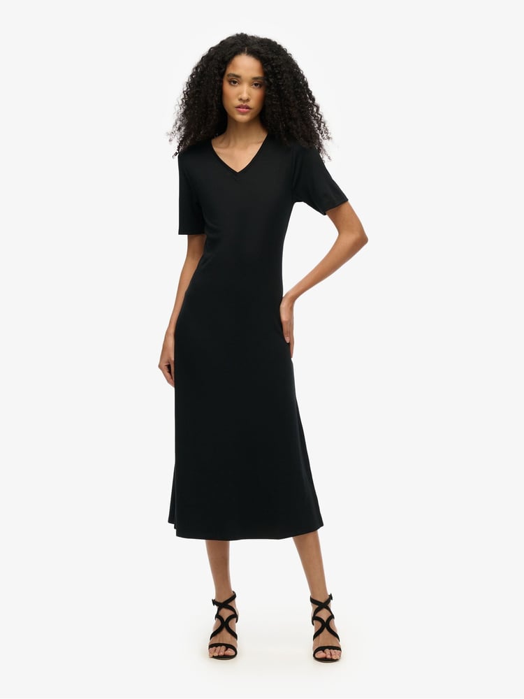 Superdry Black Short Sleeve V-Neck Midi Jersey 100% Cotton. Dress - Image 1 of 6