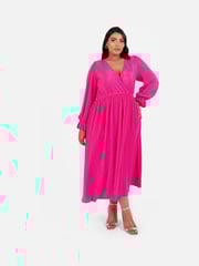 Loveabode Pink Plisse Long Sleeve Wrap Midaxi Dress - Image 1 of 5