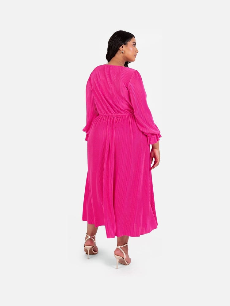 Loveabode Pink Plisse Long Sleeve Wrap Midaxi Dress - Image 2 of 5