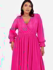 Loveabode Pink Plisse Long Sleeve Wrap Midaxi Dress - Image 3 of 5