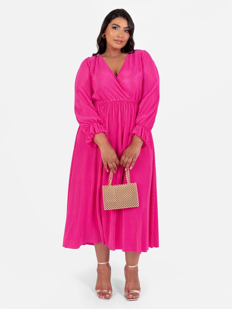 Loveabode Pink Plisse Long Sleeve Wrap Midaxi Dress - Image 5 of 5