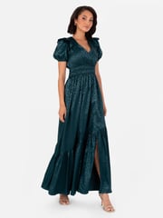 Lovedrobe Green Satin Jacquard Shirring Waist Wrap Front Maxi Dress - Image 1 of 5