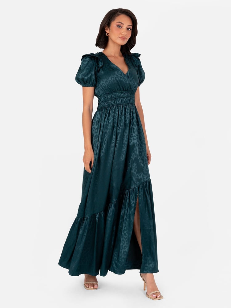 Lovedrobe Green Satin Jacquard Shirring Waist Wrap Front Maxi Dress - Image 1 of 5