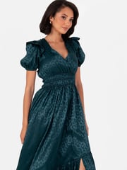 Lovedrobe Green Satin Jacquard Shirring Waist Wrap Front Maxi Dress - Image 2 of 5