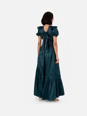 Lovedrobe Green Satin Jacquard Shirring Waist Wrap Front Maxi Dress - Image 4 of 5