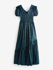 Lovedrobe Green Satin Jacquard Shirring Waist Wrap Front Maxi Dress - Image 5 of 5
