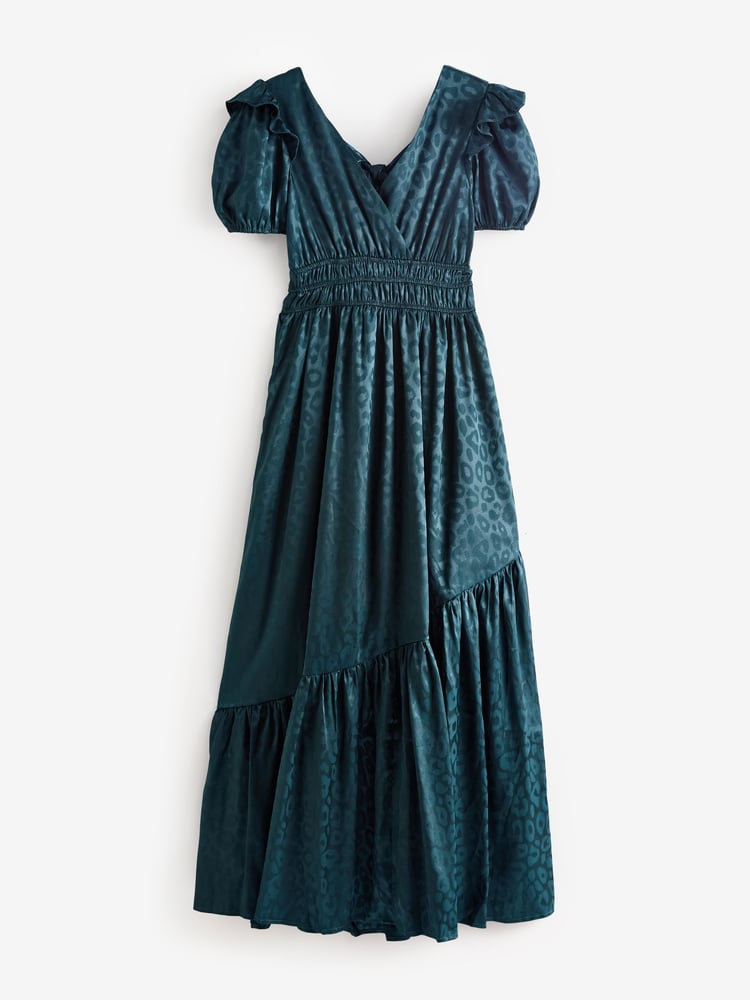 Lovedrobe Green Satin Jacquard Shirring Waist Wrap Front Maxi Dress - Image 5 of 5