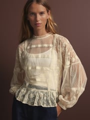 Cream Sheer Lace High Neck Blouse - Image 1 of 6