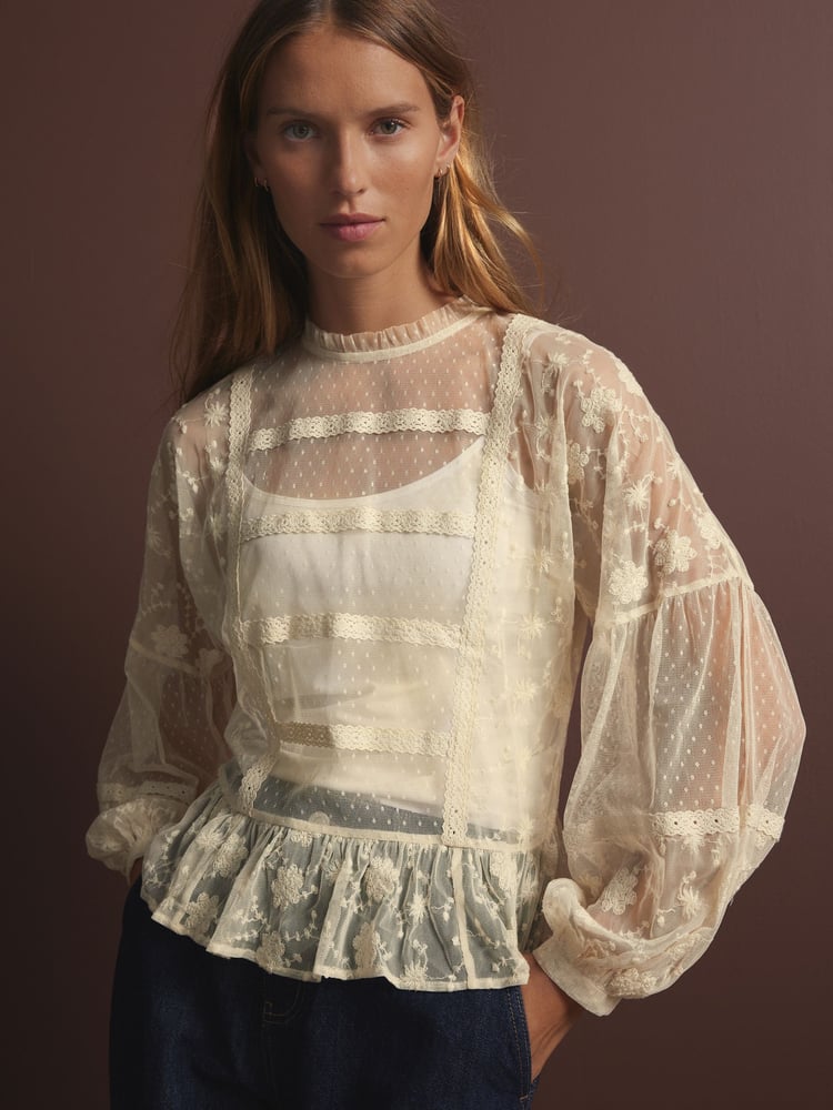 Cream Sheer Lace High Neck Blouse - Image 1 of 6