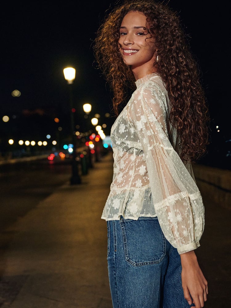 Cream Sheer Lace High Neck Blouse - Image 2 of 6