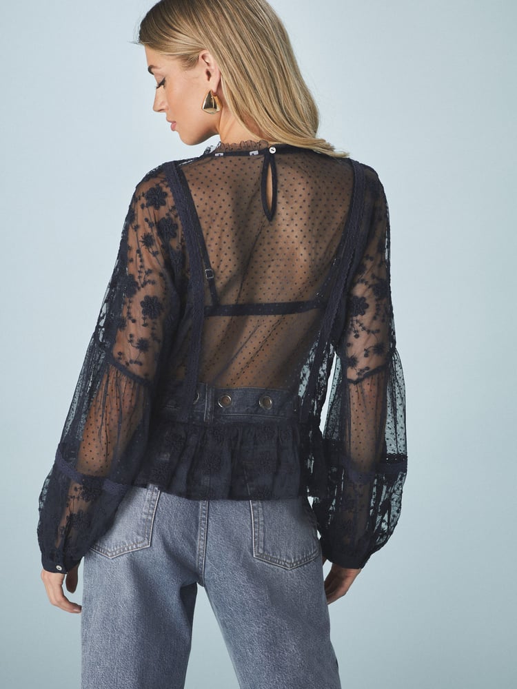 Navy Sheer Lace High Neck Blouse - Image 2 of 5