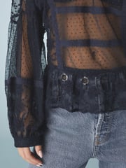 Navy Sheer Lace High Neck Blouse - Image 5 of 5