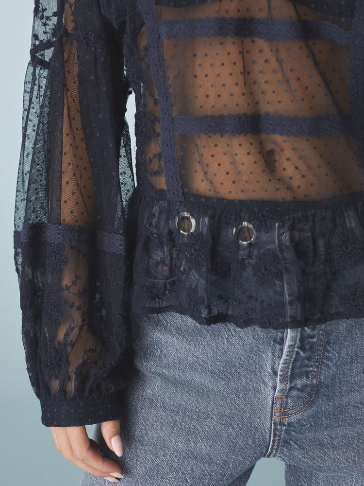 Navy Sheer Lace High Neck Blouse - Image 5 of 5