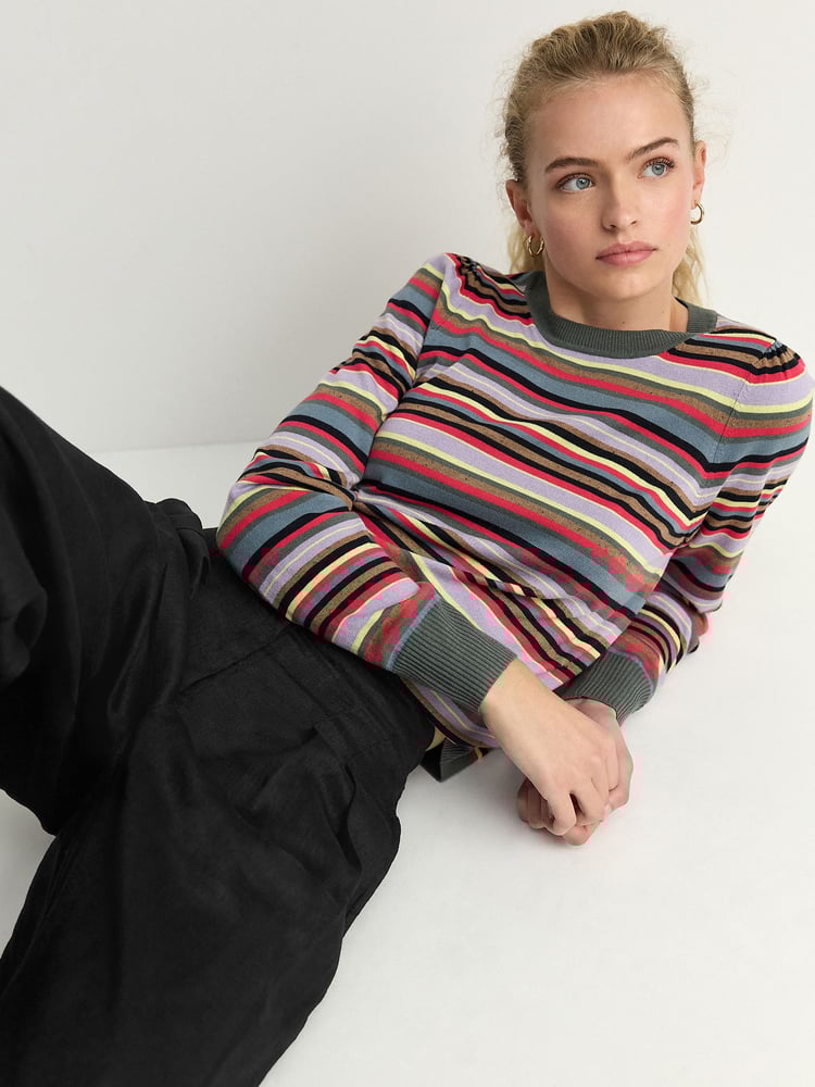 Multi Bright Stripe Crew Neck Long Sleeve Pattern Knitted Jumper - Image 1 of 7