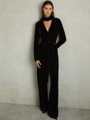 Reiss Black Vera Velvet Belted Wide Leg Jumpsuit - Image 1 of 10