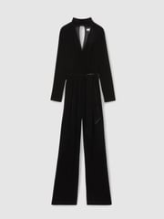Reiss Black Vera Velvet Belted Wide Leg Jumpsuit - Image 2 of 10