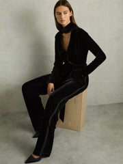 Reiss Black Vera Velvet Belted Wide Leg Jumpsuit - Image 4 of 10