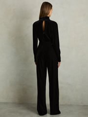 Reiss Black Vera Velvet Belted Wide Leg Jumpsuit - Image 6 of 10