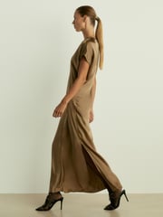 Reiss Khaki Kora Satin Short-Sleeve Midi Dress - Image 1 of 6