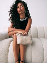 Cream Textured Velvet Snap Clutch - Image 1 of 11
