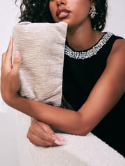 Cream Textured Velvet Snap Clutch - Image 3 of 11