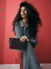 Black Textured Velvet Snap Clutch - Image 1 of 9