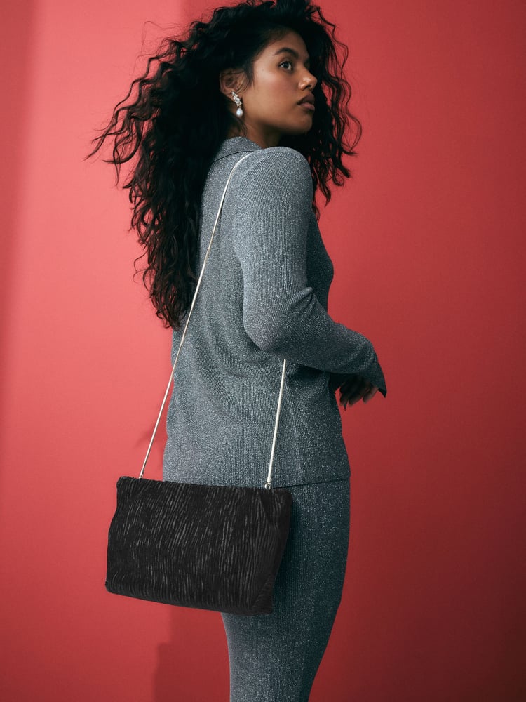 Black Textured Velvet Snap Clutch - Image 2 of 9