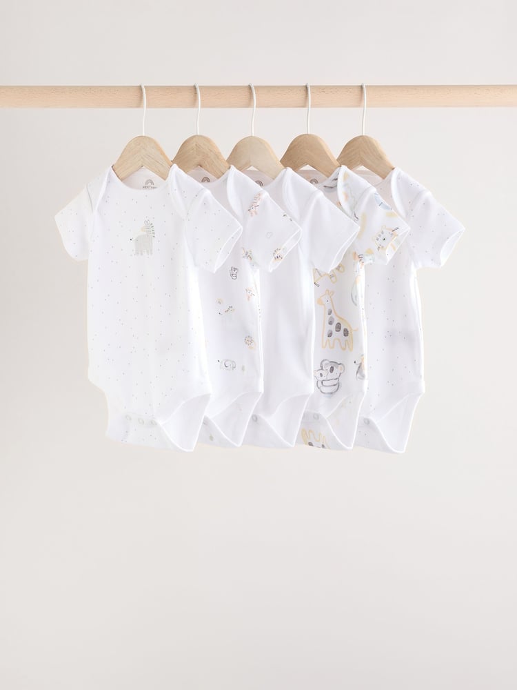 White Baby Animal Print Short Sleeve Bodysuits 5 Pack - Image 1 of 13