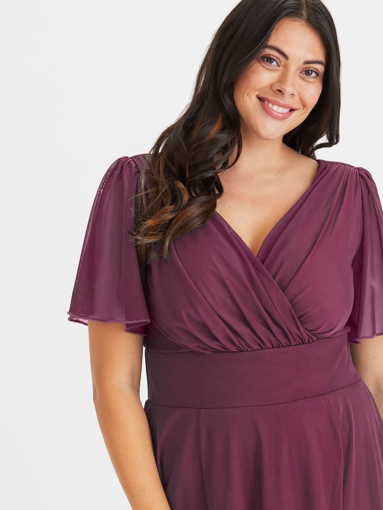 Scarlett & Jo Wine Victoria Angel Sleeve Mesh Midi long Dress - Image 4 of 4