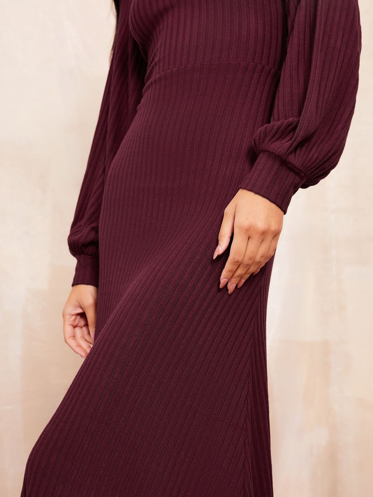 Friends Like These Red Long Sleeve Rib Batwing Midi Dress - Image 2 of 4