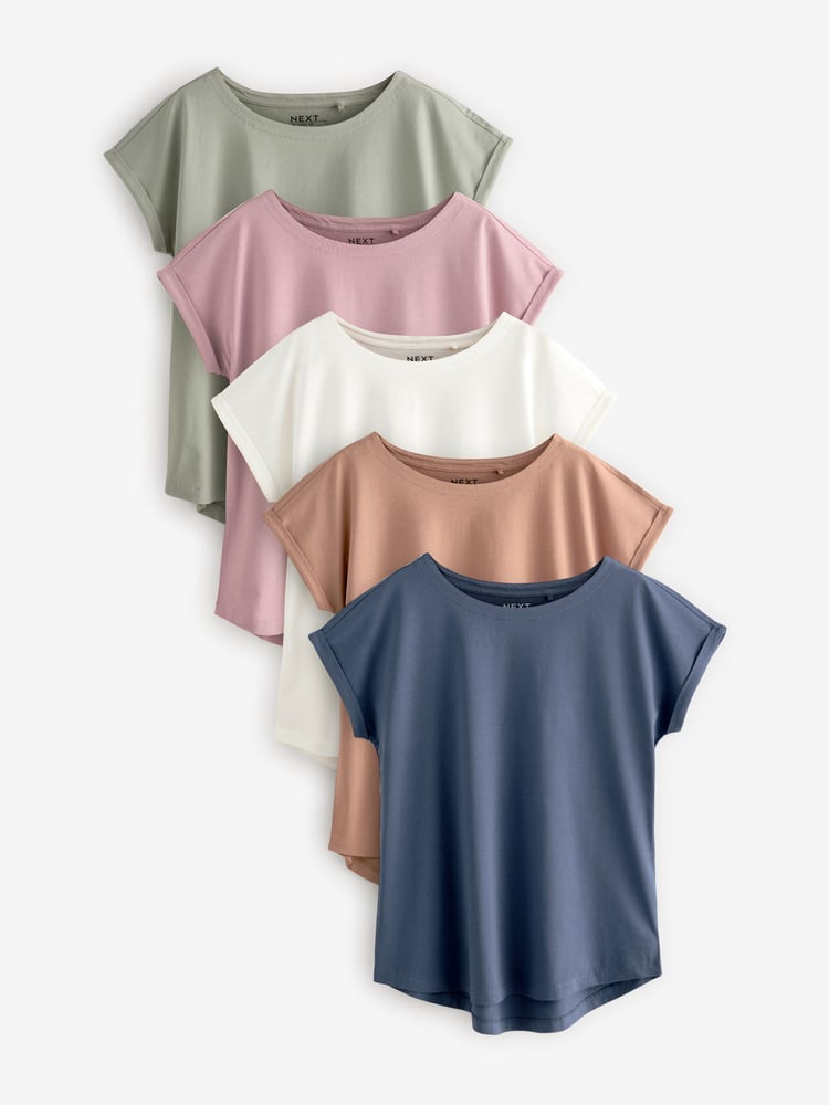 Ecru/Taupe/Brown/Blue/Yellow Cap Sleeve T-Shirts 5 Pack - Image 1 of 12 Ecru/Taupe/Brown/Blue/Yellow Cap Sleeve T-Shirts 5 Pack - Image 1 of 12