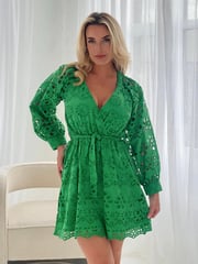 Girl In Mind Green Elowen Broidery Wrap Neck 100% Cotton Mini Dress - Image 1 of 4