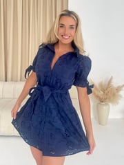 Girl In Mind Blue Victoria Broidery 100% Cotton Mini Shirt Dress - Image 2 of 4