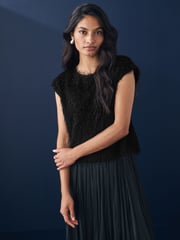 Black Short Sleeve Fluffy Top - Image 1 of 7