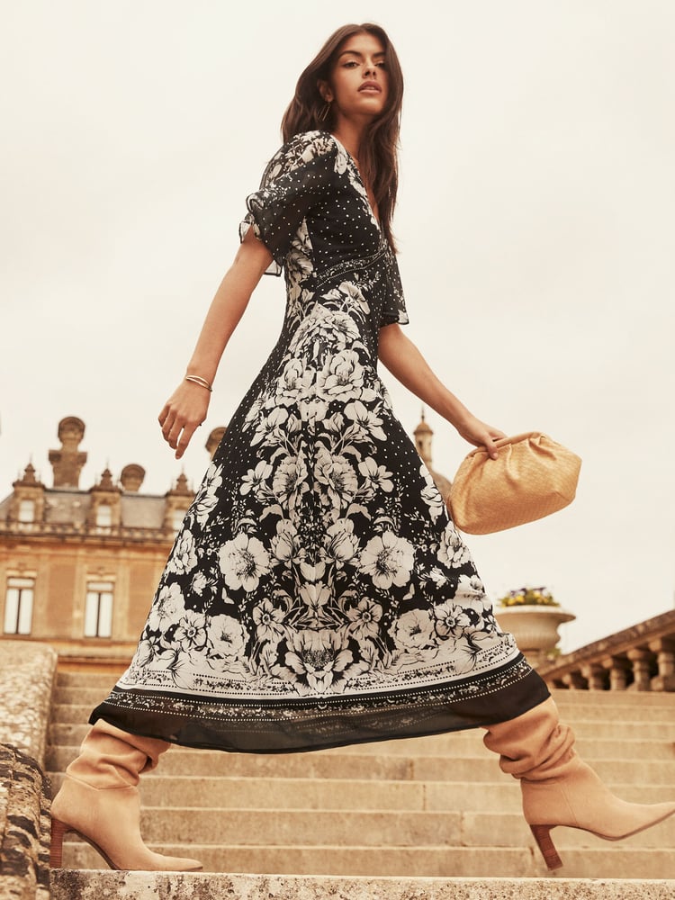 Lipsy Polka Dot Flutter Sleeve Floral Chiffon Midi Dress - Image 1 of 4 Lipsy Polka Dot Flutter Sleeve Floral Chiffon Midi Dress - Image 1 of 4