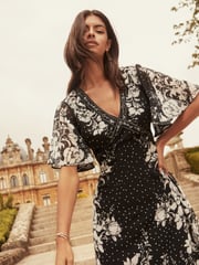 Lipsy Polka Dot Flutter Sleeve Floral Chiffon Midi Dress - Image 2 of 4