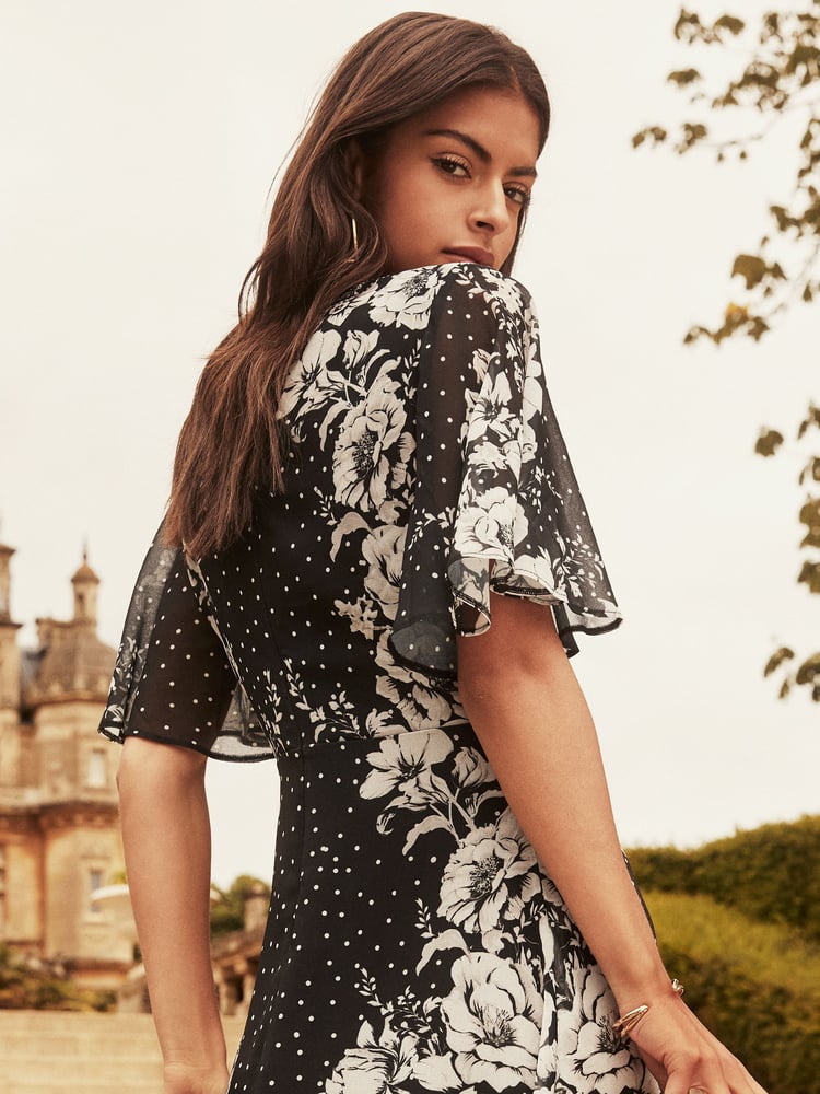 Lipsy Polka Dot Flutter Sleeve Floral Chiffon Midi Dress - Image 4 of 4