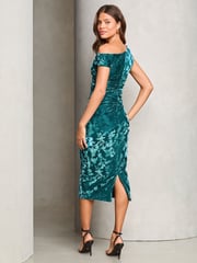 Lipsy Teal Blue Bardot Velvet Bodycon Midi Dress - Image 2 of 4
