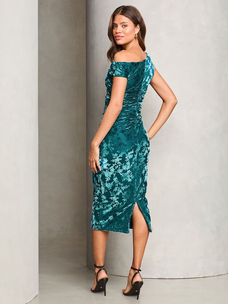 Lipsy Teal Blue Bardot Velvet Bodycon Midi Dress - Image 2 of 4