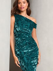 Lipsy Teal Blue Bardot Velvet Bodycon Midi Dress - Image 4 of 4