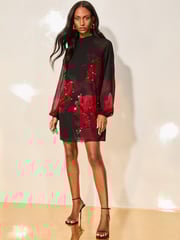 Lipsy Red Print Long Sleeve Hand Embellished Floral Mini Shift Dress - Image 2 of 4