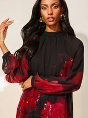Lipsy Red Print Long Sleeve Hand Embellished Floral Mini Shift Dress - Image 4 of 4