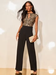 Lipsy Black Sequin Keyhole Cap Sleeve Wide Leg Jumpsuit - Image 1 of 4