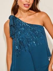 Lipsy Teal Blue Petite One Shoulder Mini Tiered Bow Shift Dress - Image 2 of 4