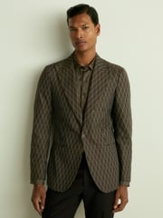 Reiss Chocolate Brown Delt Monogram-Jacquard Twill Blazer - Image 1 of 7