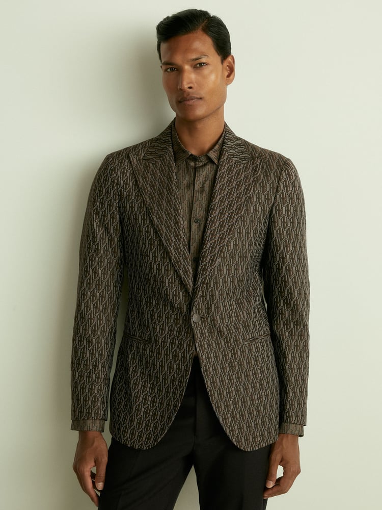 Reiss Chocolate Brown Delt Monogram-Jacquard Twill Blazer - Image 1 of 7