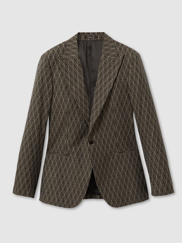 Reiss Chocolate Brown Delt Monogram-Jacquard Twill Blazer - Image 2 of 7