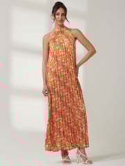 Jolie Moi Orange Halter Neck Pleated Maxi Dress - Image 1 of 7