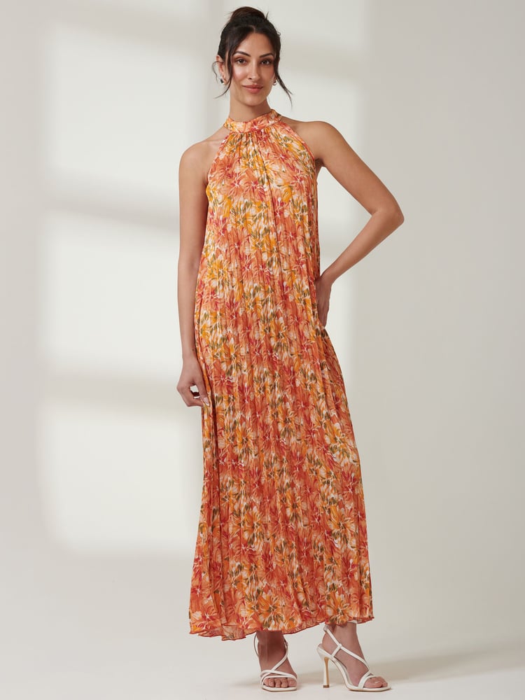 Jolie Moi Orange Halter Neck Pleated Maxi Dress - Image 1 of 7