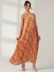 Jolie Moi Orange Halter Neck Pleated Maxi Dress - Image 2 of 7
